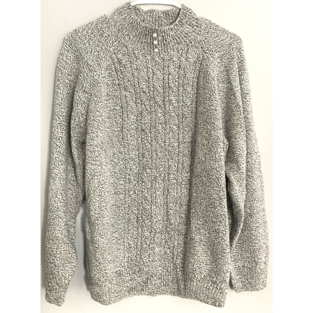 Karen Scott Sweater Women L Gray Mock Neck Cable Knit Pearl Button Pullover EUC